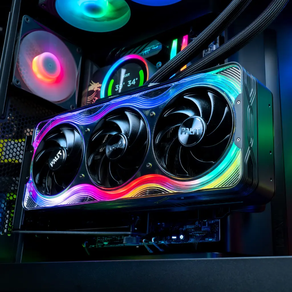 Visuel promotionnel du PC gamer Kraken : carte graphique RTX 5090 au design RGB premium, offrant une puissance extrême pour le gaming en 4K et les performances les plus exigeantes ⚡