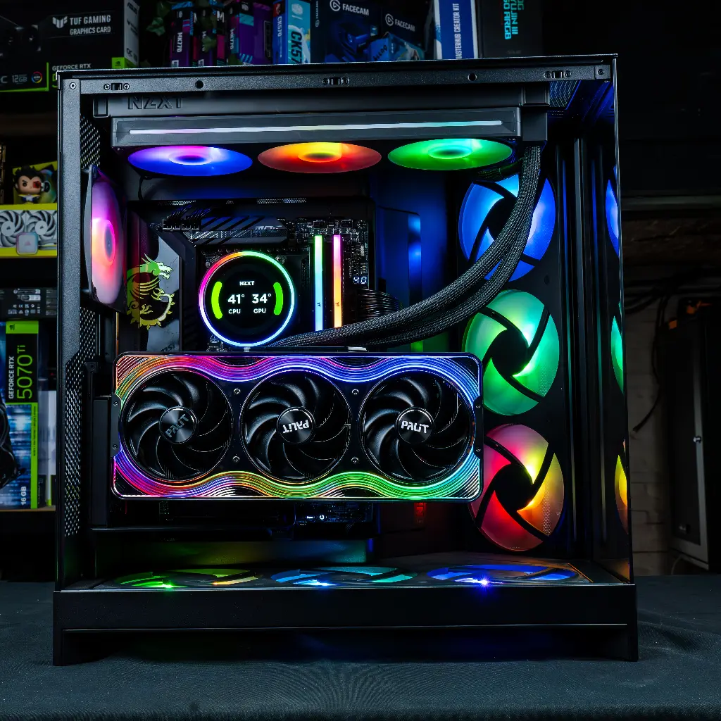 Visuel promotionnel du PC gamer Kraken : configuration ultra haut de gamme avec RTX 5090 Gamerock, Ryzen 9 9950X3D et NZXT Kraken Elite 360 RGB, offrant un équilibre parfait entre puissance extrême, refroidissement optimal et design RGB premium